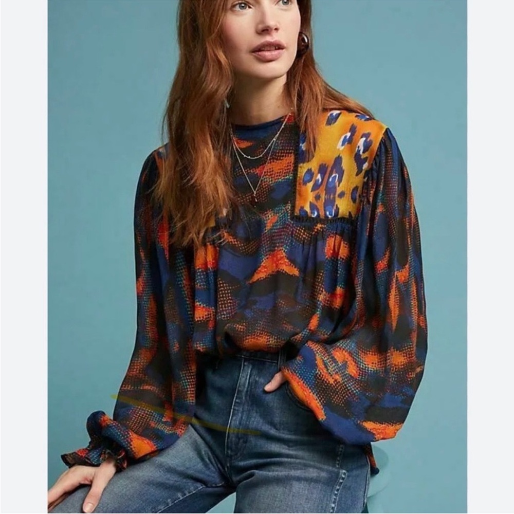 Anthropologie Bl-nk Eclectic Leopard Peasant Blouse